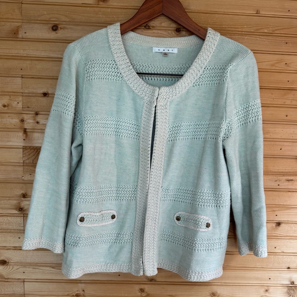 CAbi Society Sweater Cardigan 3/4 Length Sleeves Mint Green Women's Size Large